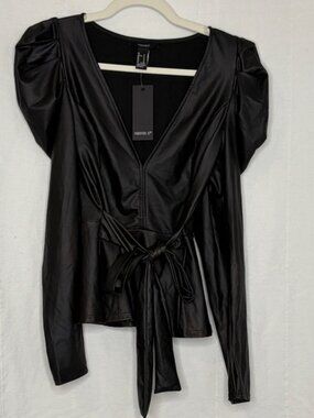 Forever 21 Black Liquid Skin Puff Sleeve Wrap Top with Tie